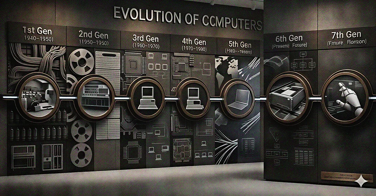 Evolution of computers exhibit: seven vertical panels from early mainframes through modern and future computing, linked by a glowing timeline with circular windows for each generation.