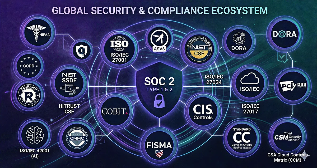 Global security and compliance ecosystem infographic: a central shield with SOC 2 and connected badges for ISO, NIST, GDPR, HIPAA, FedRAMP, and related frameworks on a dark network-style background.